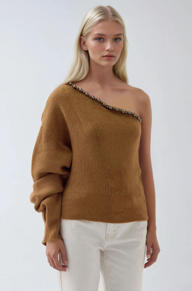 Sobe Istanbul Brown Sweater With One Shoulder Neck And Raglan Sleeves Wholesale Clothing Lounge