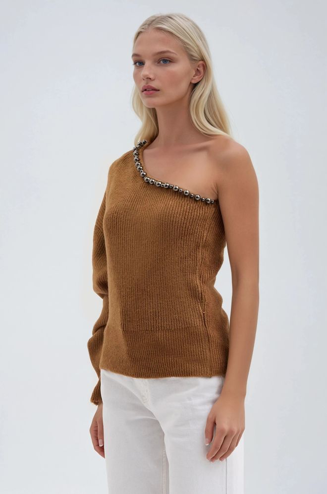 Sobe Istanbul Brown Sweater With One Shoulder Neck And Raglan Sleeves Wholesale Clothing 1