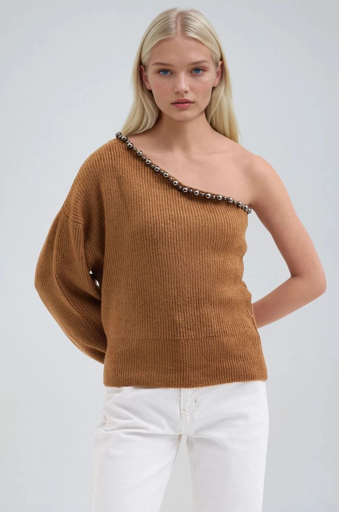 Sobe Istanbul Brown Sweater With One Shoulder Neck And Raglan Sleeves Wholesale Clothing Sexy