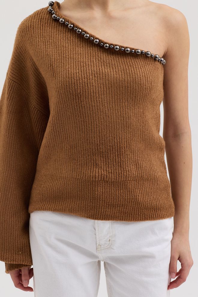 Sobe Istanbul Brown Sweater With One Shoulder Neck And Raglan Sleeves Wholesale Clothing 5