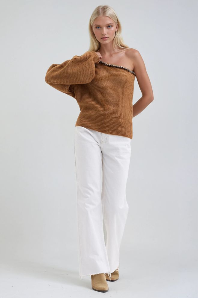 Sobe Istanbul Brown Sweater With One Shoulder Neck And Raglan Sleeves Wholesale Clothing Spring