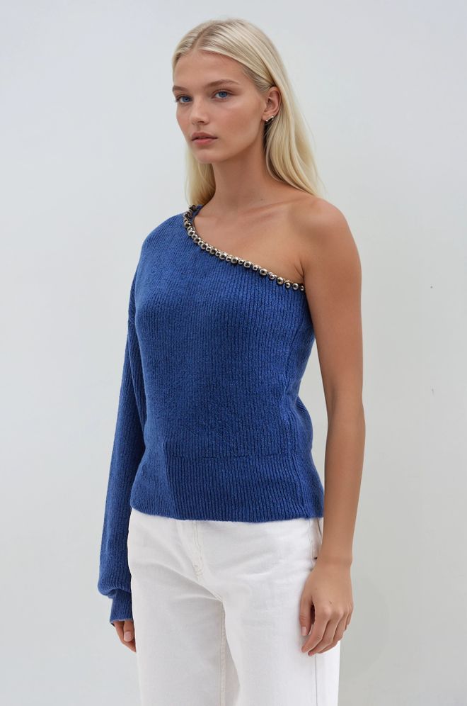 Sobe Istanbul Blue Sweater With One Shoulder Neck And Long Sleeves Wholesale Clothing 1