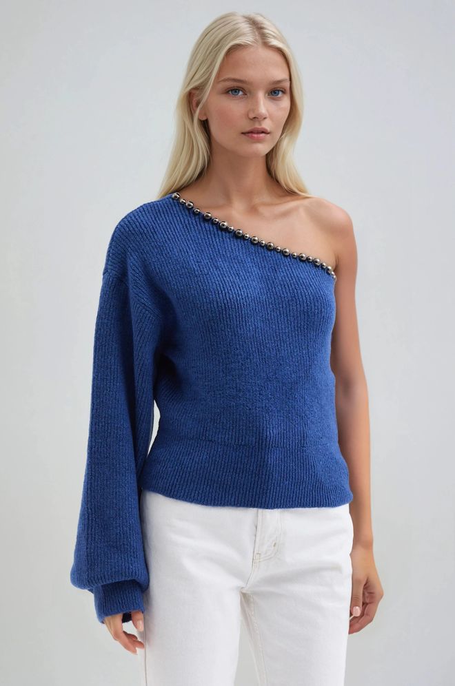 Sobe Istanbul Blue Sweater With One Shoulder Neck And Long Sleeves Wholesale Clothing Work