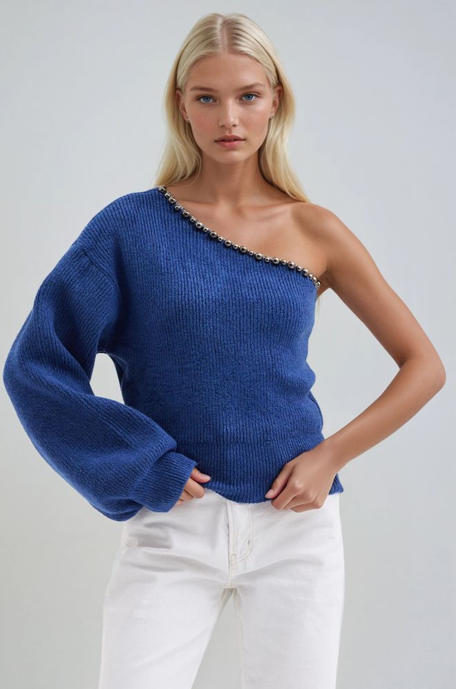 Sobe Istanbul Blue Sweater With One Shoulder Neck And Long Sleeves Wholesale Clothing Spring