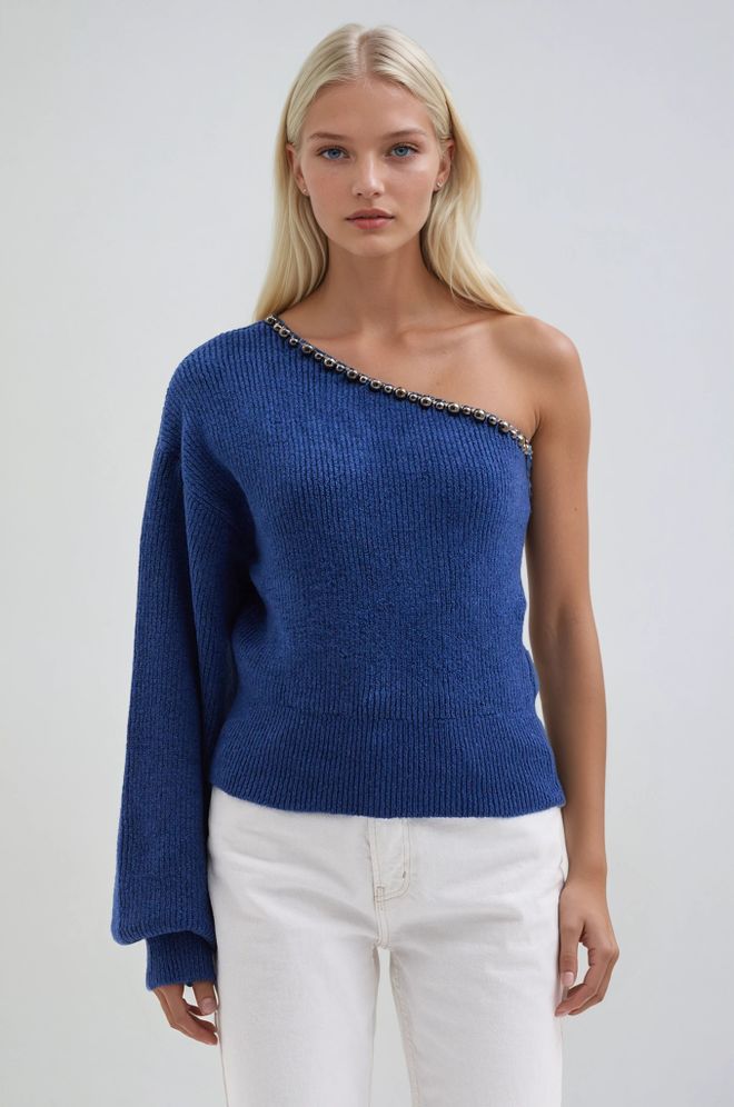 Sobe Istanbul سترة أزرق برقبة بكتف واحد وأكمام طويلة ملابس بالجملة غير رسمي