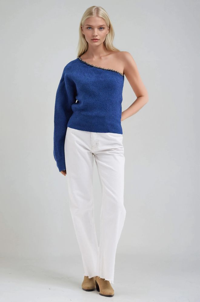 Sobe Istanbul Blue Sweater With One Shoulder Neck And Long Sleeves Wholesale Clothing Sexy
