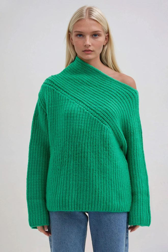 Sobe Istanbul Green Oversized Fit Off Shoulder Neck Sweater Wholesale Clothing Casual