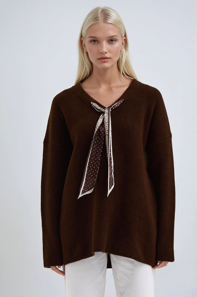 Sobe Istanbul Brown Oversized Fit V Neck Long Sleeve Sweater Wholesale Clothing Casual