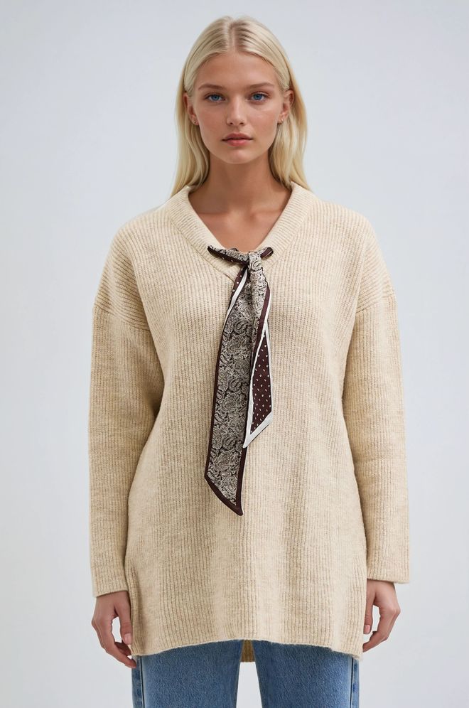 Sobe Istanbul Beige Oversized V Neck Long Sweater Wholesale Clothing Casual