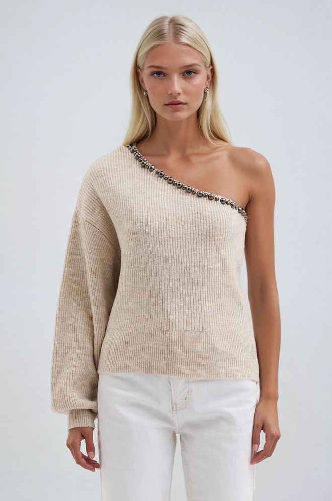 Sobe Istanbul سترة باللون البيج برقبة بكتف واحد وأكمام بالون ملابس بالجملة غير رسمي