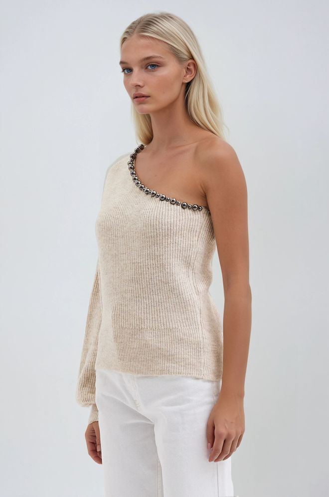 Sobe Istanbul Beige Sweater With One Shoulder Neck And Ballon Sleeves Wholesale Clothing Birthday