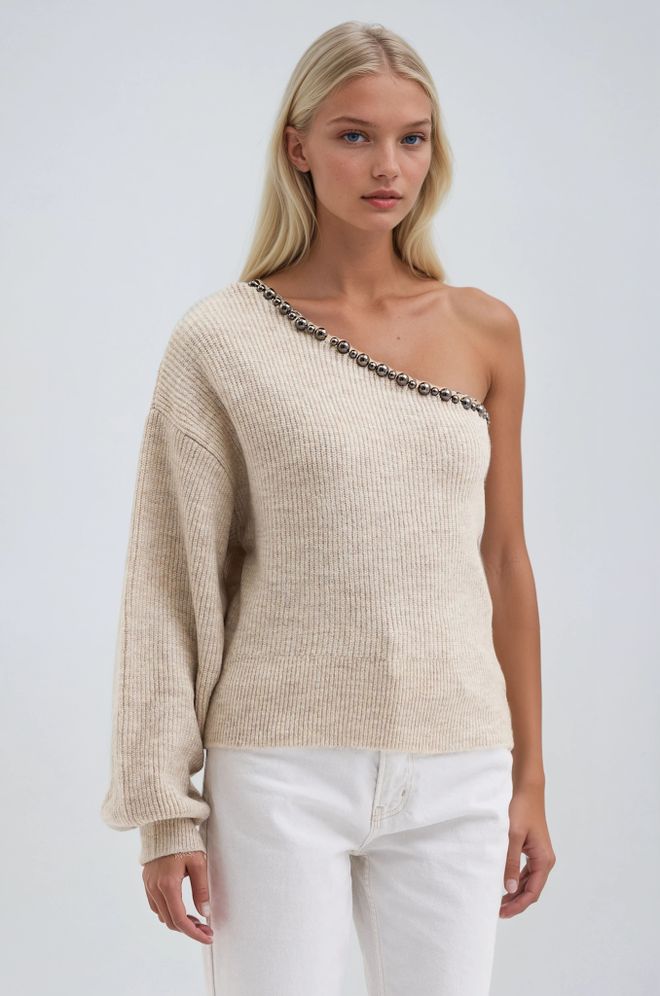 Sobe Istanbul Beige Sweater With One Shoulder Neck And Ballon Sleeves Wholesale Clothing Spring