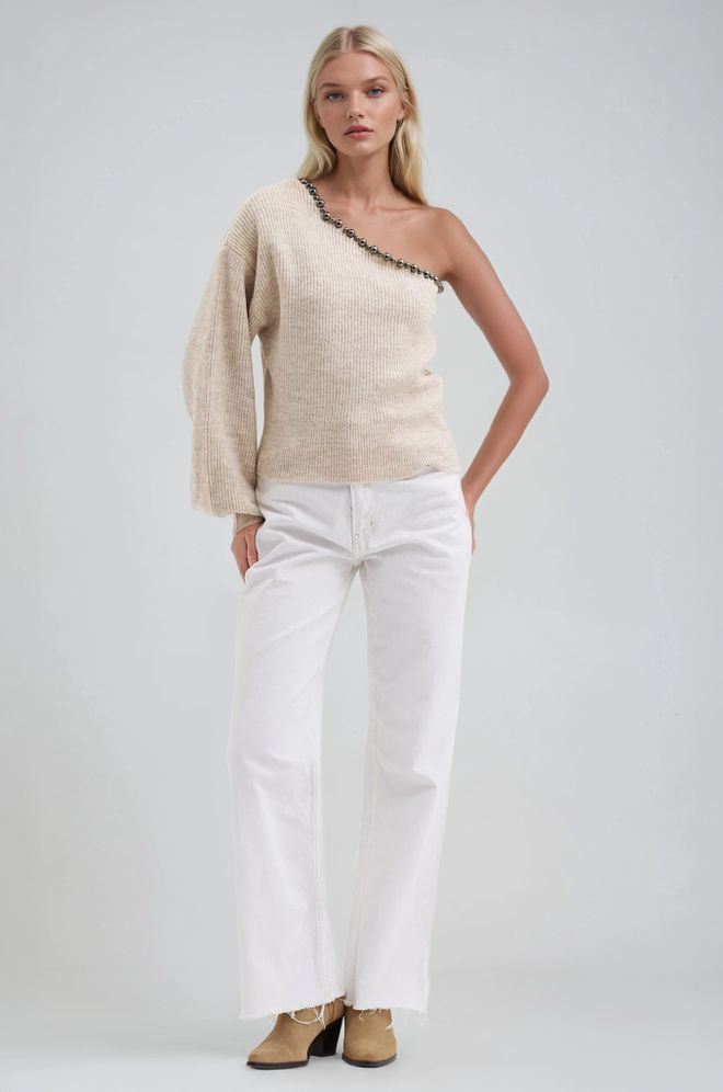Sobe Istanbul Beige Sweater With One Shoulder Neck And Ballon Sleeves Wholesale Clothing 1