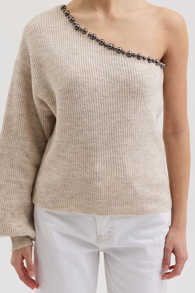 Sobe Istanbul Beige Sweater With One Shoulder Neck And Ballon Sleeves Wholesale Clothing 5
