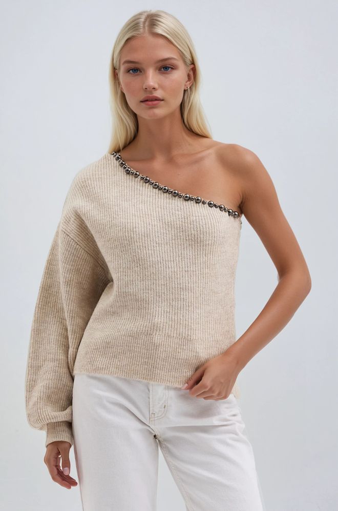 Sobe Istanbul Beige Sweater With One Shoulder Neck And Ballon Sleeves Wholesale Clothing Sexy