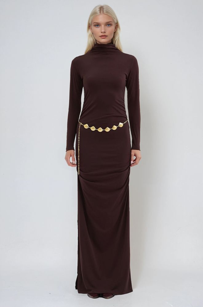Sobe Istanbul Elegant Brown Sheath Dress With High Neck Wholesale Clothing Sexy