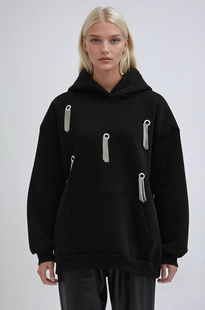 Sobe Istanbul قميص من النوع الثقيل أسود بأكمام طويلة وقبعة مقنعين مقاس كبير ملابس بالجملة غير رسمي