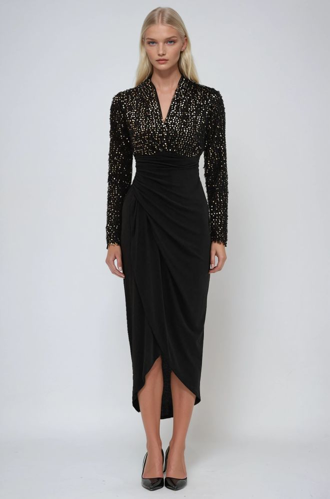 Sobe Istanbul فستان أسود أنيق بريق رسمي طَوّق ملابس بالجملة رَسمِيّ