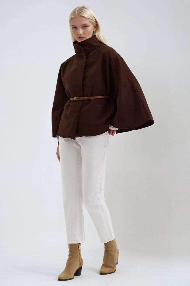 Sobe Istanbul Кафяв Елегантен Пончо С Уголемена Форма И Цепка На Врата Дрехи на едро Работа