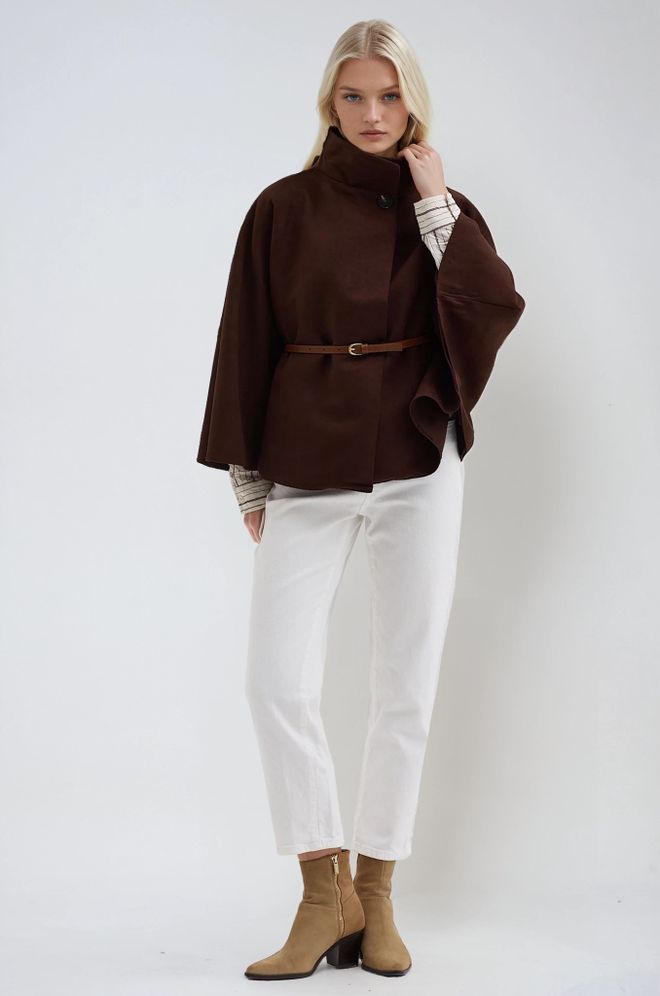 Sobe Istanbul Кафяв Елегантен Пончо С Уголемена Форма И Цепка На Врата Дрехи на едро Есен