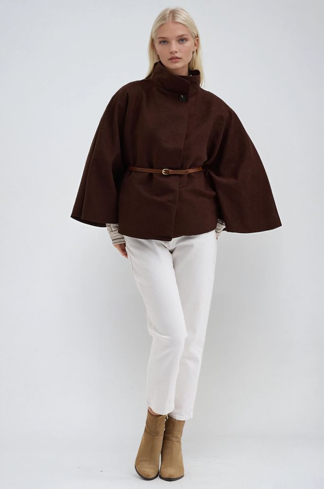 Sobe Istanbul Кафяв Елегантен Пончо С Уголемена Форма И Цепка На Врата Дрехи на едро Бохо