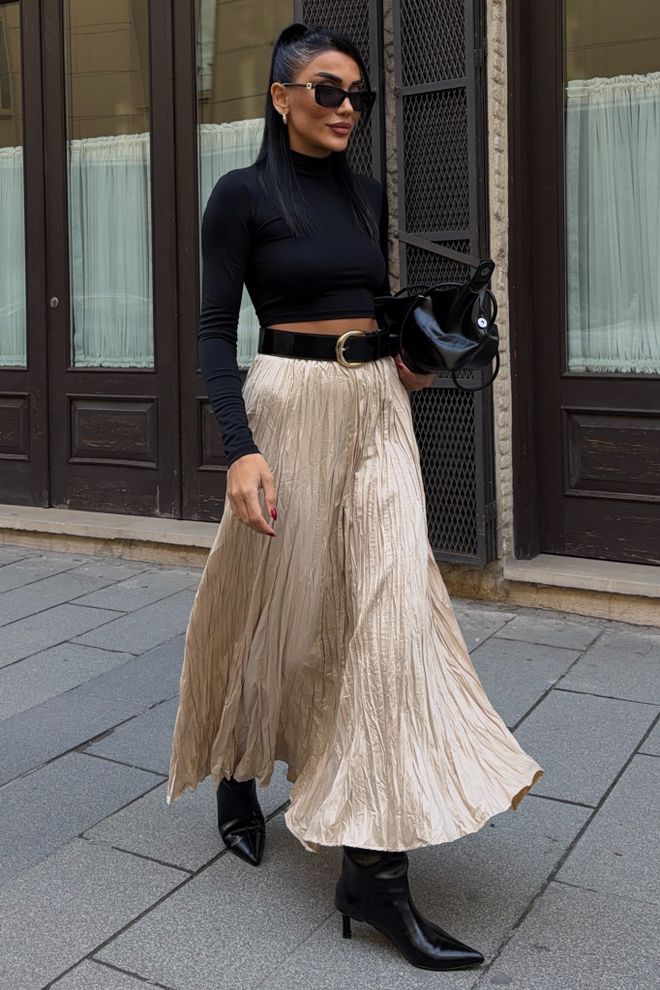 Sobe Istanbul جيبة بيج ميدي مطوية بخصر متوسط وسحّاب على السحب ملابس بالجملة غير رسمي