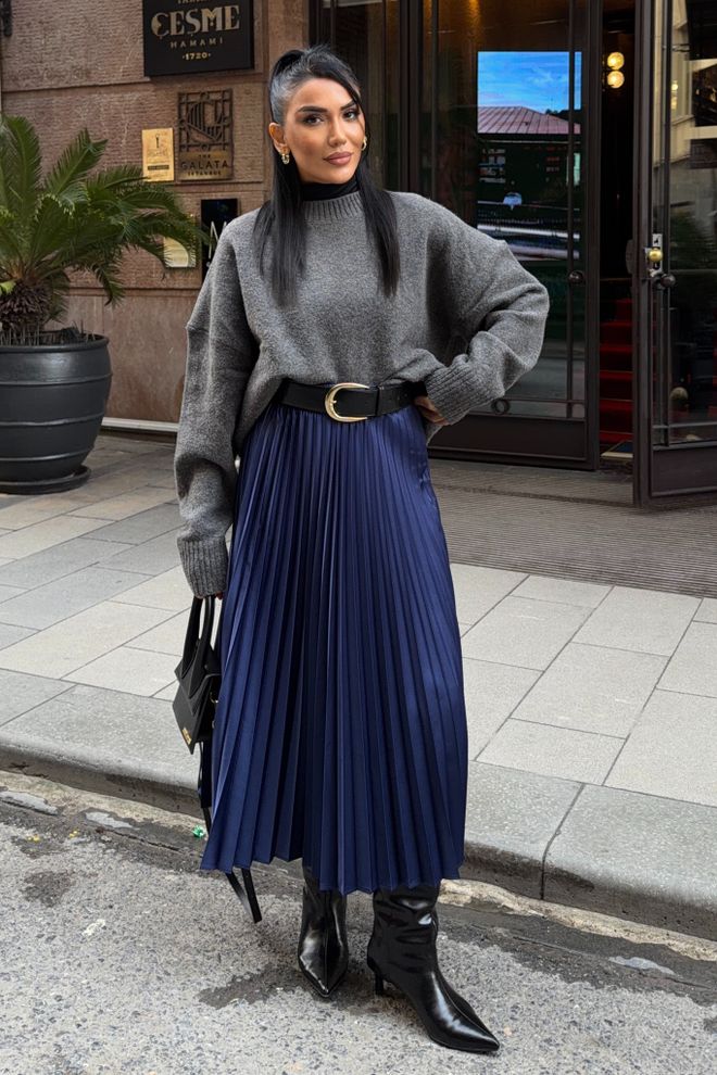 Sobe Istanbul Gonna Midi Plissettata Blu Navy Abbigliamento all'ingrosso Modesto