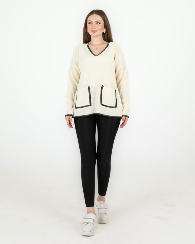 Sortie Collection Taschenpullover Mit V Ausschnitt Ecru Großhandelskleidung Lässig