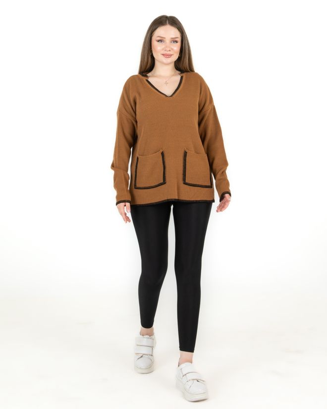 Sortie Collection Taschenpullover Mit V Ausschnitt Erde Großhandelskleidung Lässig