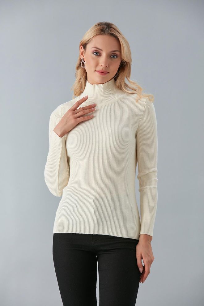 Sortie Collection Pull Demi Col Roulé Ecru Vêtements en gros Décontracté