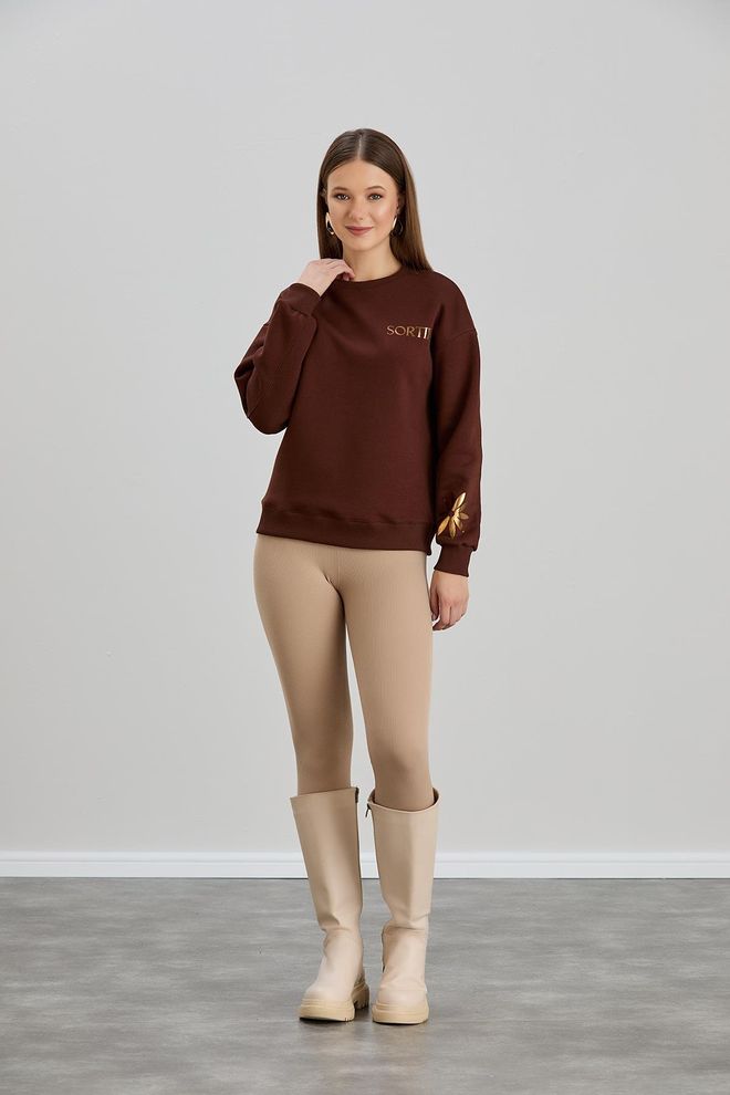 Sortie Collection Foil Printed Crew Neck Three Thread Sweat Brown Wholesale Clothing Casual