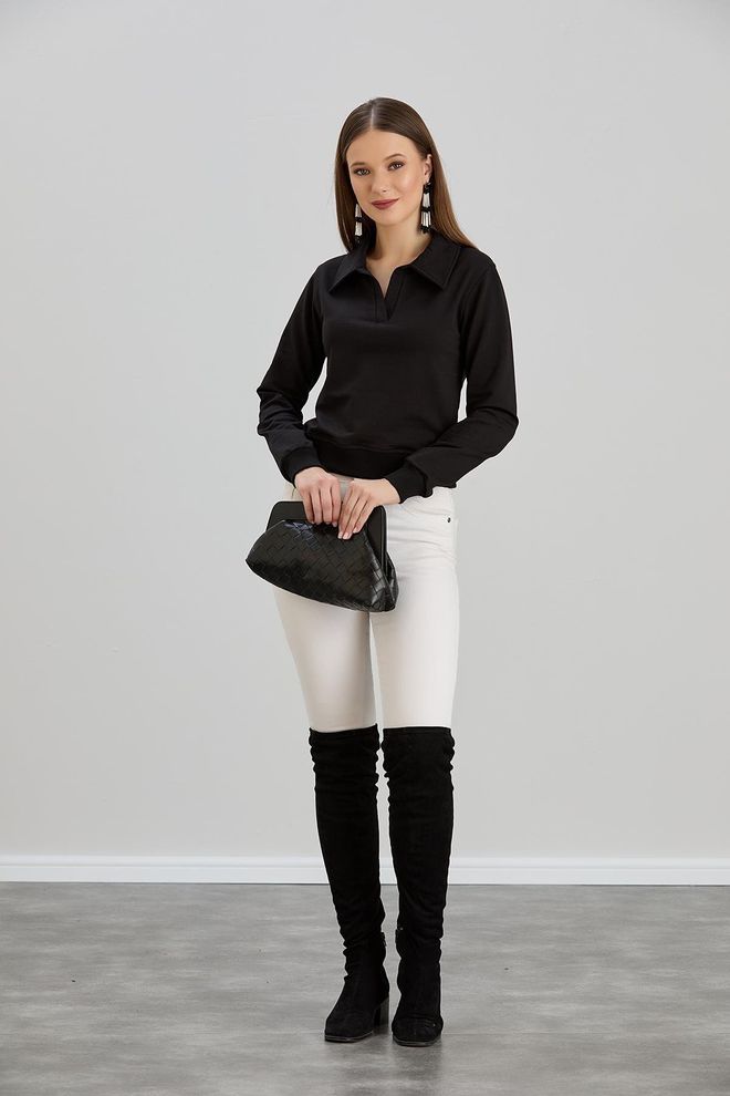 Sortie Collection Zweifädiges Sweatshirt Mit Kragen Schwarz Großhandelskleidung Lässig