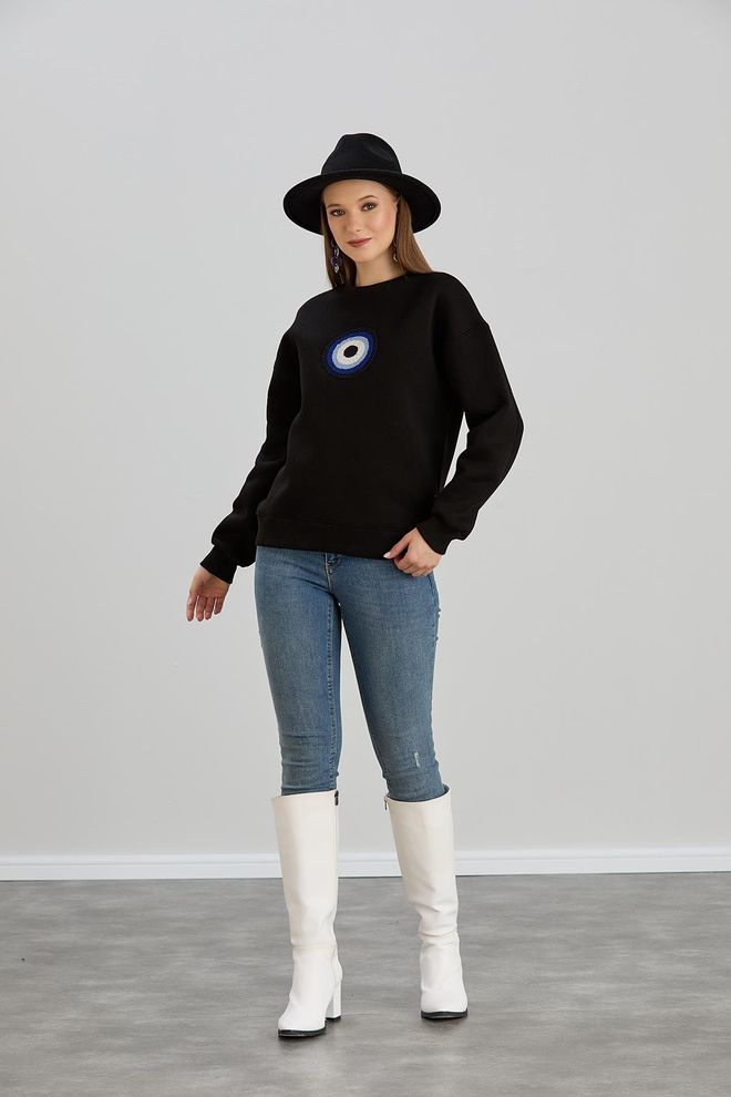 Sortie Collection Evil Eye Beaded Crew Neck Three Thread Sweater Black Wholesale Clothing Casual