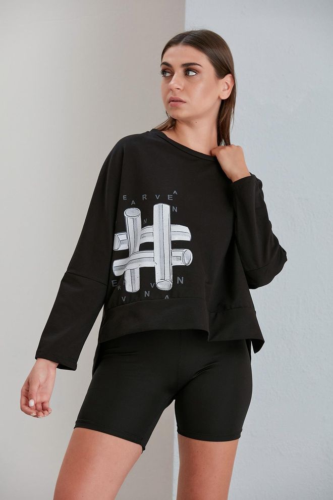 Sortie Collection Crew Neck Printed Two Thread Sweatshirt Black Wholesale Clothing Casual