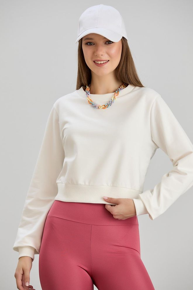 Sortie Collection Zweifädiges Crop Sweatshirt Mit Rundhalsausschnitt Ecru Großhandelskleidung Lässig