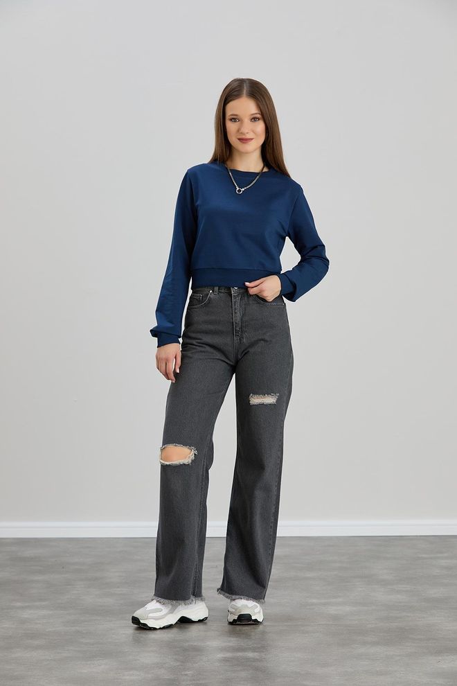 Sortie Collection Zweifädiges Crop Sweatshirt Mit Rundhalsausschnitt – Indigo Großhandelskleidung Lässig