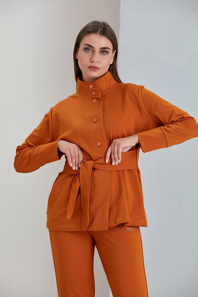 Sortie Collection Sweatshirt Jacke Mit Gürtel In Der Taille – Tabak Großhandelskleidung Lässig