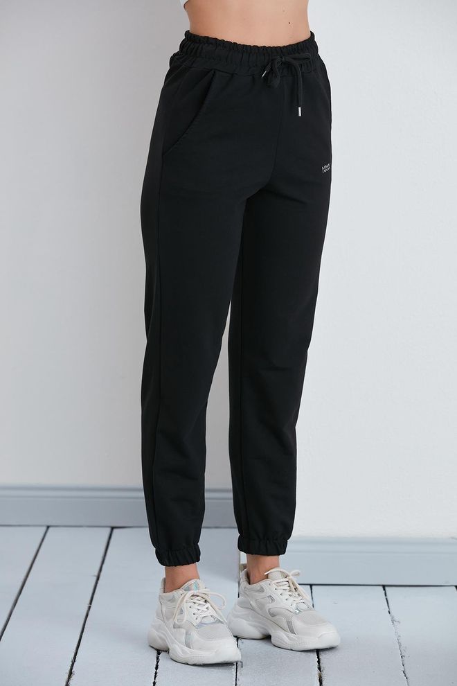 Sortie Collection بنطال رياضي من القطن الممشط بأساور مطاطية باللون الأسود ملابس بالجملة شتاء