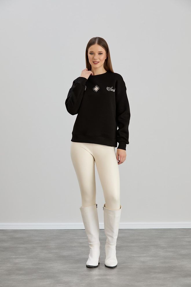 Sortie Collection Sun Printed Crew Neck Three Thread Sweater Black Wholesale Clothing Casual