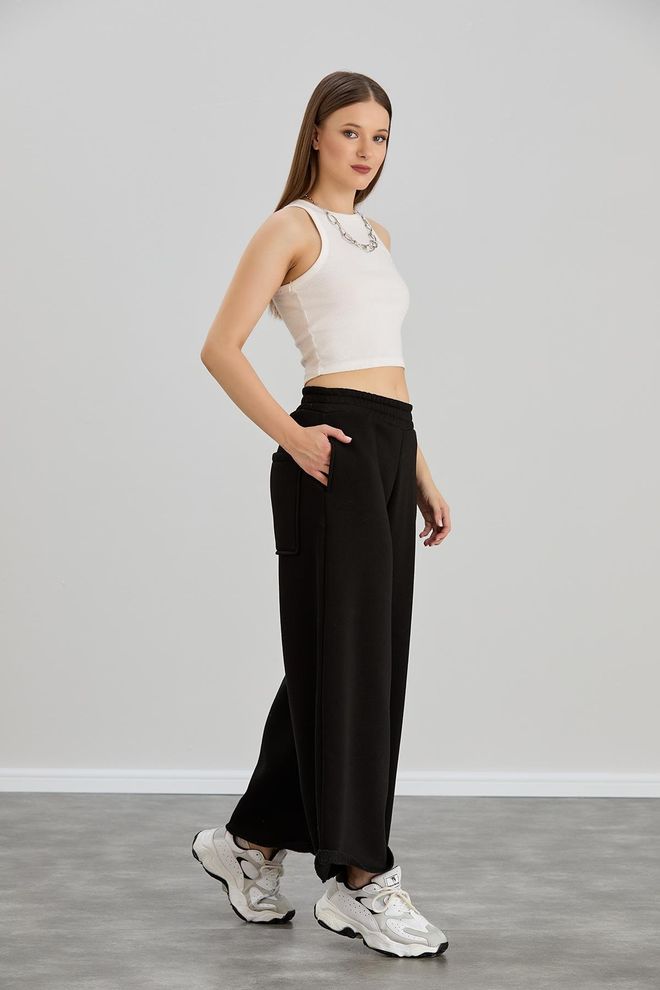 Sortie Collection Wide Leg Triple Yarn Sweatpants Black Wholesale Clothing No Fabric