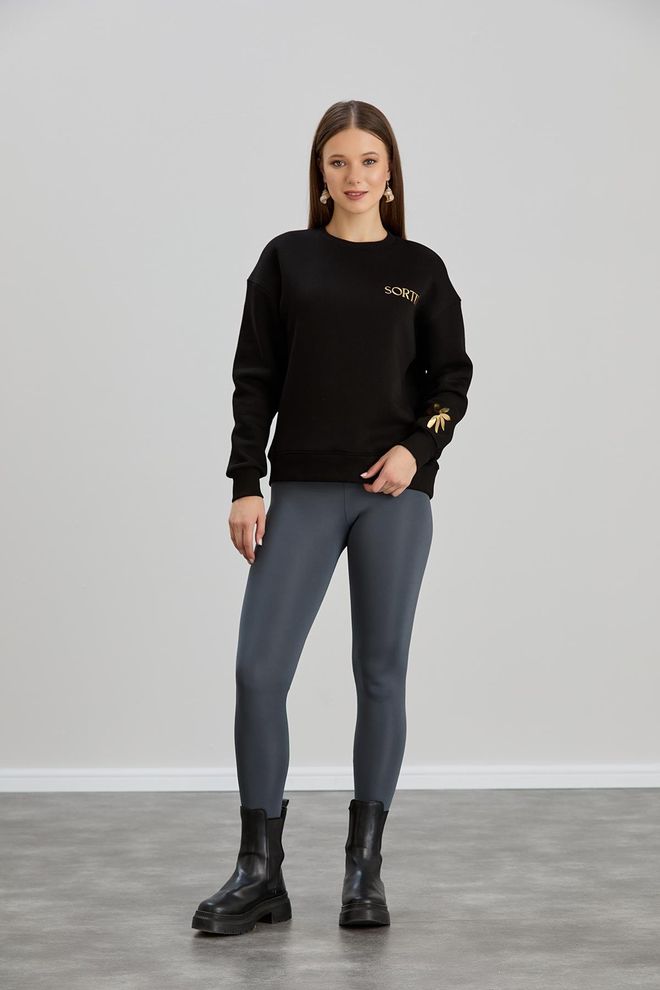 Sortie Collection Foil Printed Crew Neck Three Thread Sweater Black Wholesale Clothing Casual