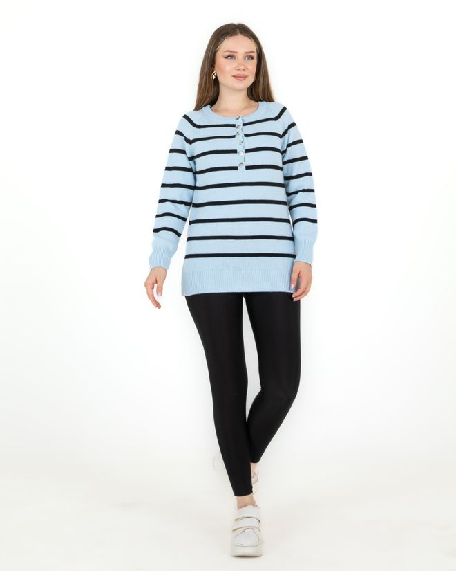 Sortie Collection Gestreifter Pullover Mit Breitem Kragen Und Knopfleiste In Blau Großhandelskleidung Lässig