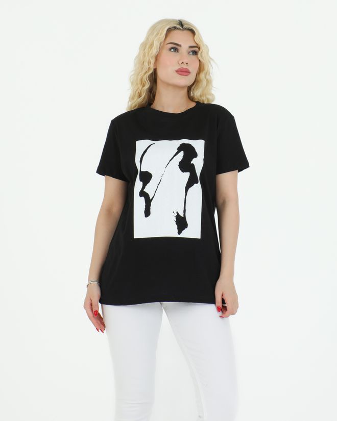 Sortie Collection Grafisch Gemustertes T Shirt Schwarz Großhandelskleidung Lässig