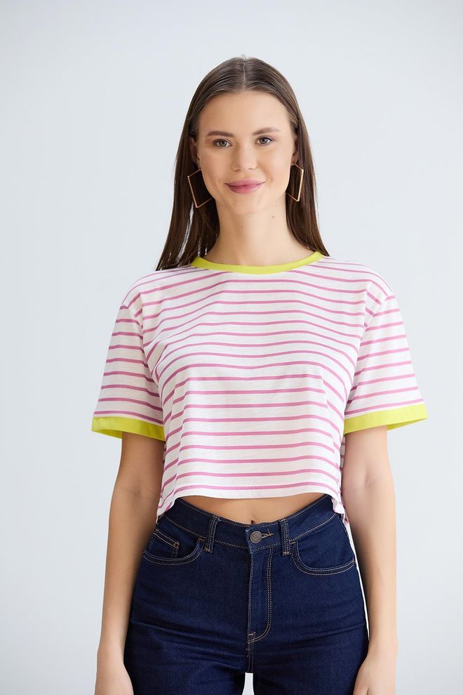 Sortie Collection Striped Crop T shirt Pink Wholesale Clothing Casual