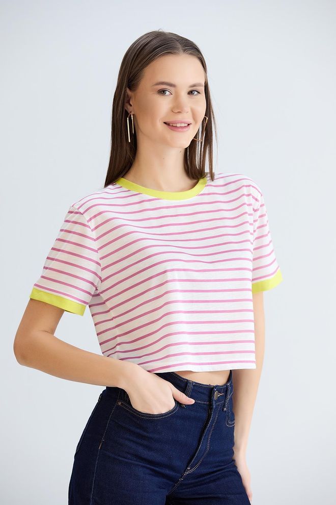 Sortie Collection Striped Crop T shirt Pink Wholesale Clothing Birthday