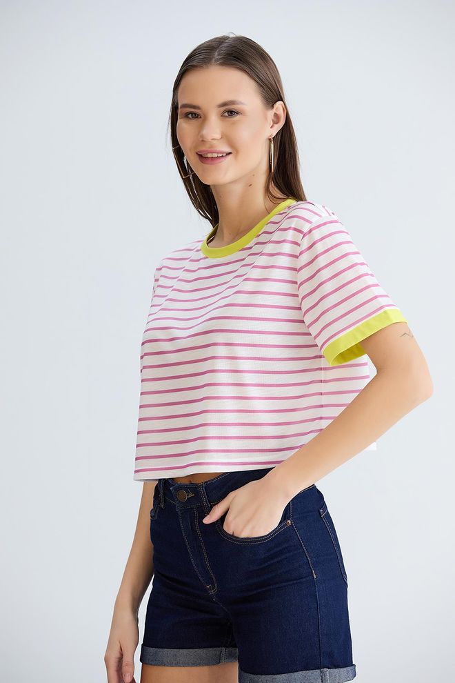 Sortie Collection Striped Crop T shirt Pink Wholesale Clothing Spring