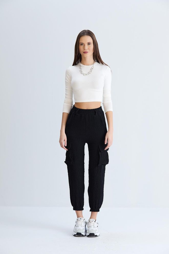 Sortie Collection Pantalón Cargo De Seersucker Con Bolsillo Negro Ropa al por mayor Casual