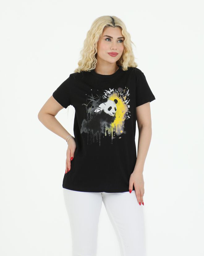 Sortie Collection T Shirt Mit Panda Aufdruck Schwarz Großhandelskleidung Lässig