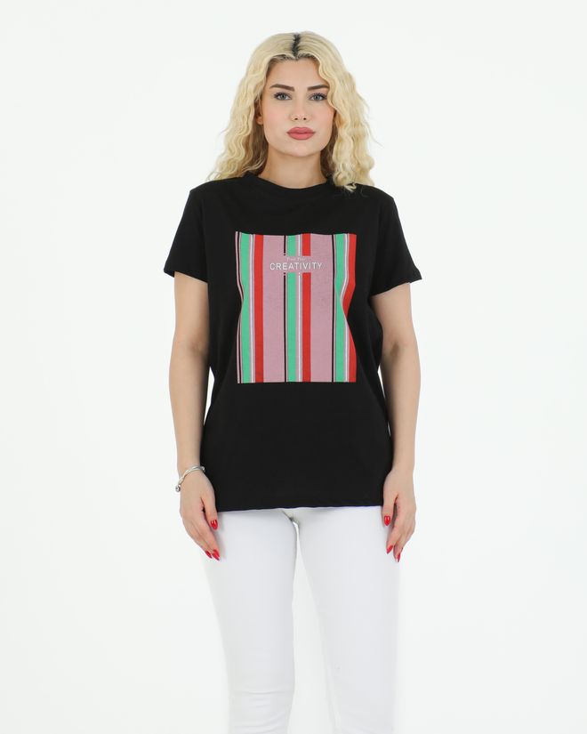 Sortie Collection Bedrucktes T Shirt „Kreativität“ In Schwarz Großhandelskleidung Lässig