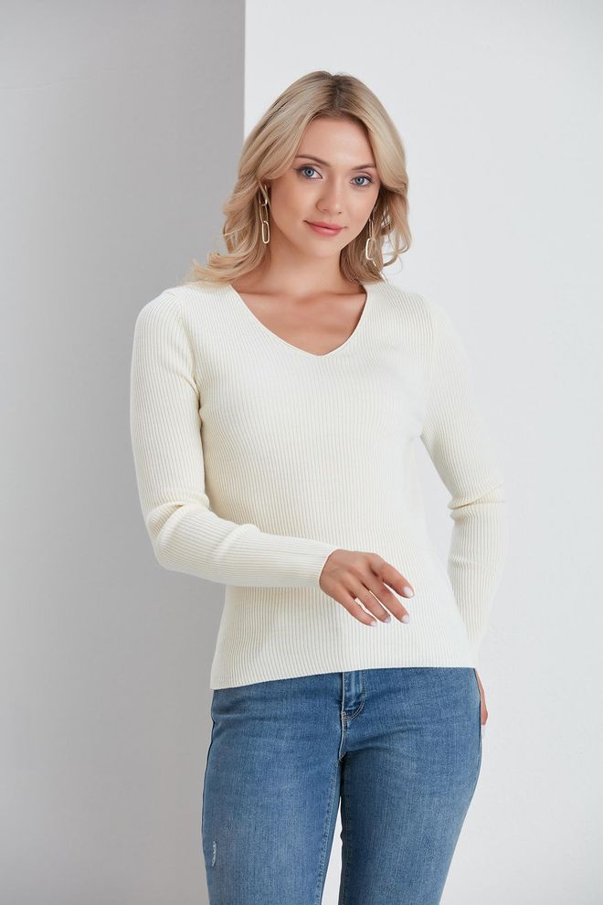 Sortie Collection Basic Pullover Mit V Ausschnitt Ecru Großhandelskleidung Lässig